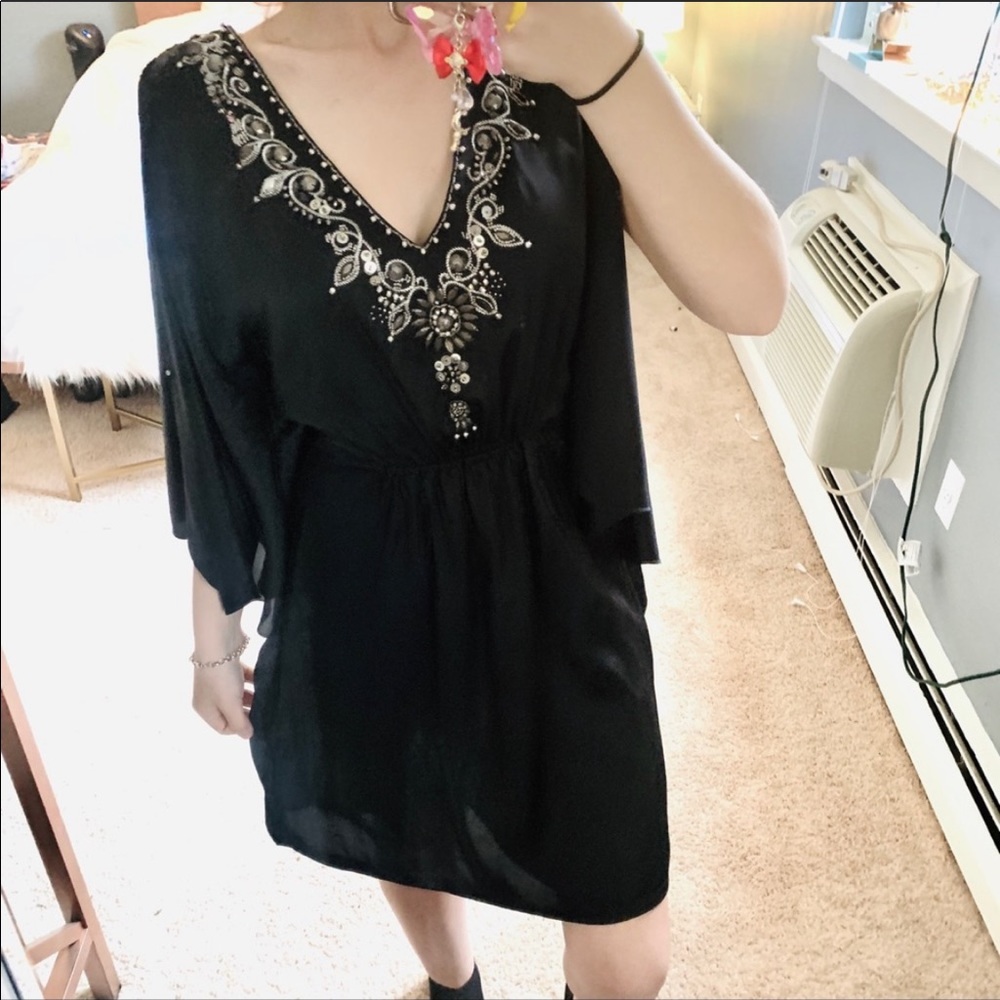 WHBM black beaded deep v dress